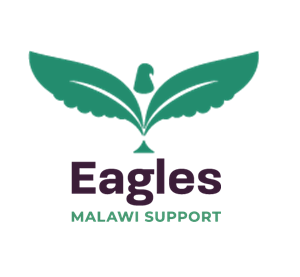 An eagle in green with its wings spread wide. Behind it text reads 'Eagles' 'Malawi support'